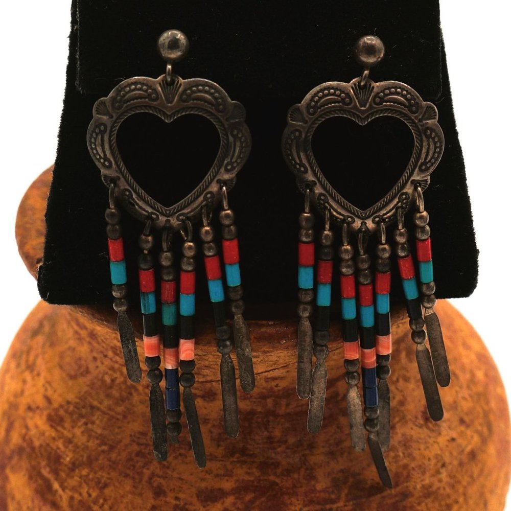 SOLD:  Sterling Silver Heart Feather Turquoise Coral Bead Earrings by QT